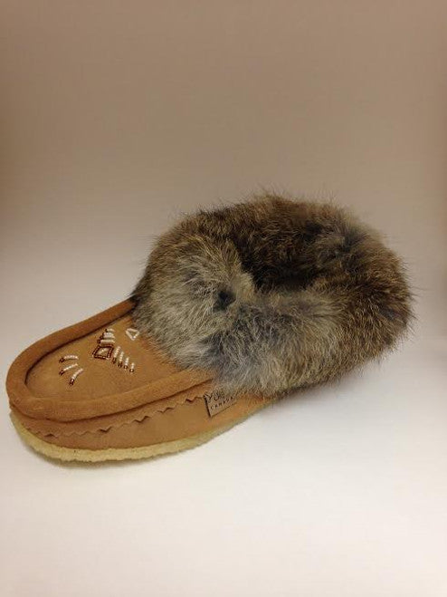 fleece lined moka beaded rabbit fur moccasin with sole