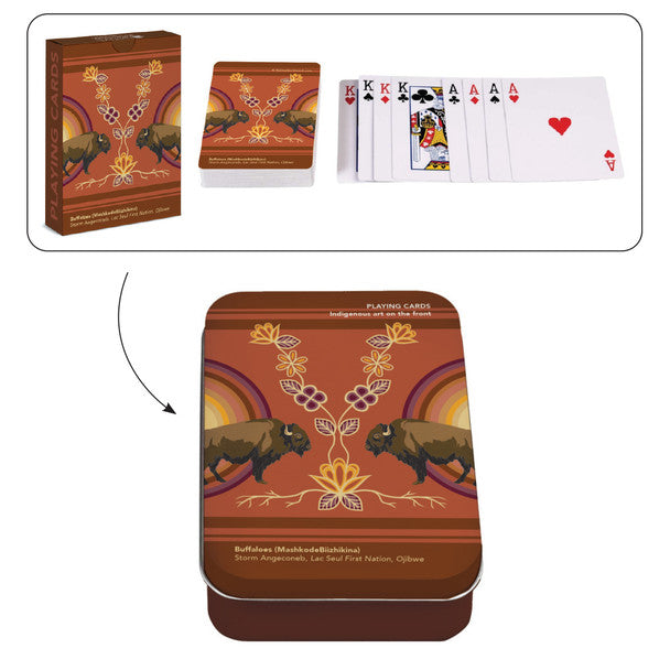 Deck of Playing Cards in a beautiful tin box with a native art design of two buffalo with florals