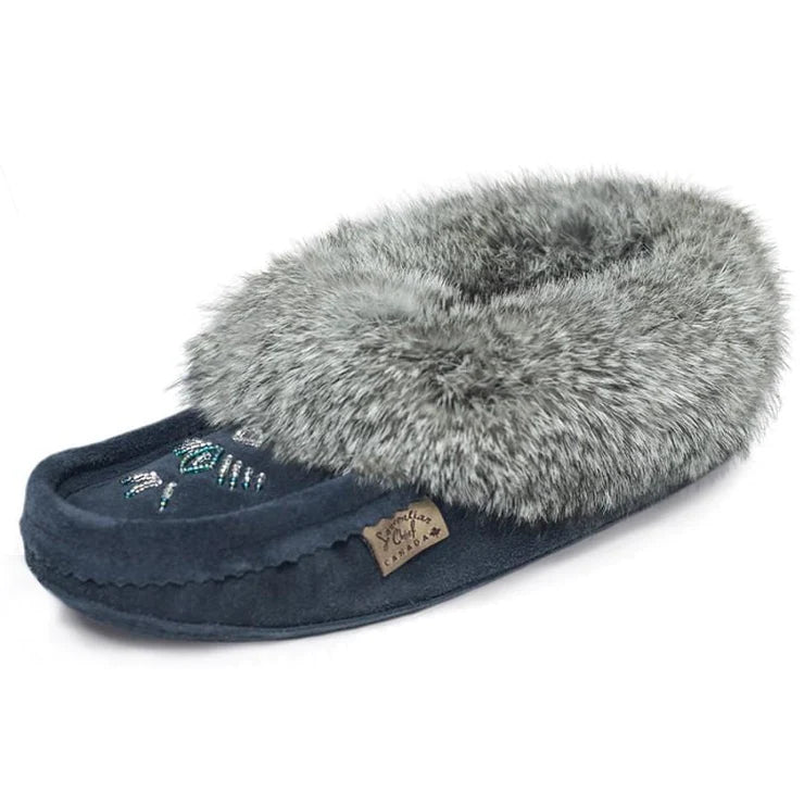 navy blue rabbit fur moccasions