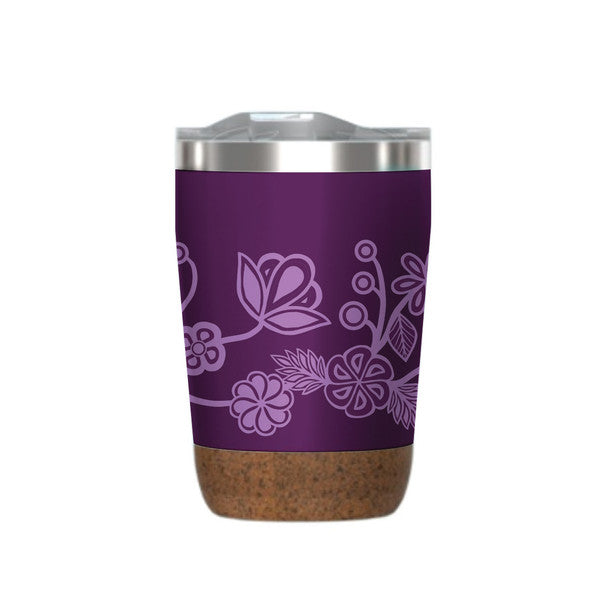 12 oz travel mug with high-quality food grade 304 stainless steel interior, a double wall with BPA-free push-on lid, and a cork base that prevents scratching (purple Ojibwe floral design)