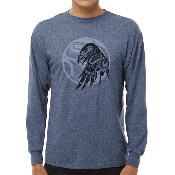 Long sleeve heather navy shirt with raven moon design 