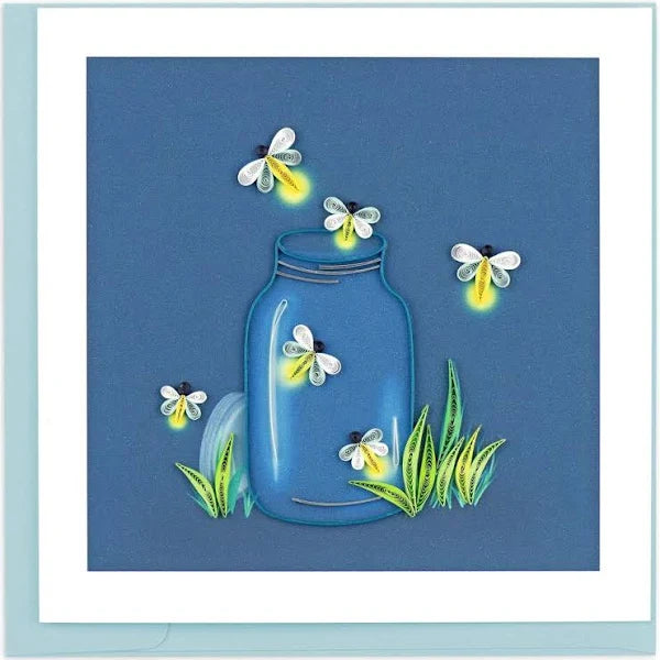 Fireflies greeting handcrafted card with a mason jar filled with quilled fireflies sitting in a small patch of grass on a printed background of dark blue.