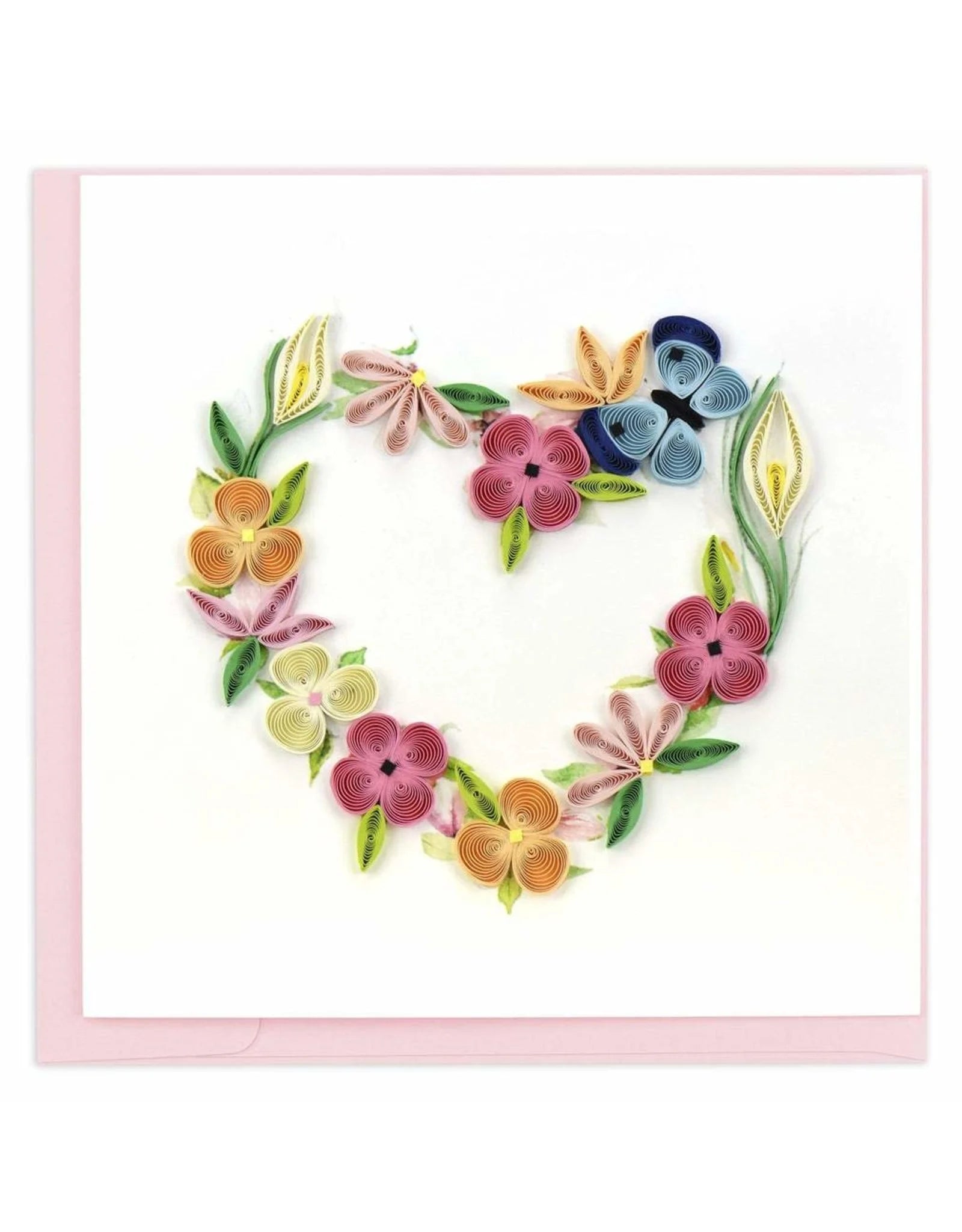 Perfect card for all occasion with the outline of a heart made of colorful spring flowers with a blue butterfly perched at the top left.