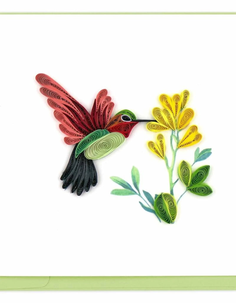 The card features a red, green, and black hummingbird feeding on yellow flowers.