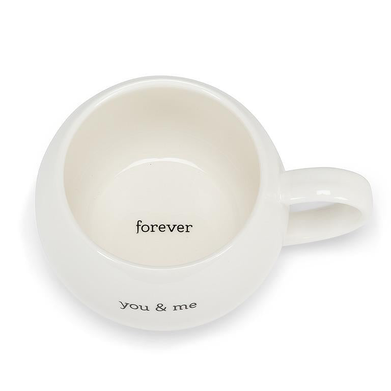 cute 16 oz ball mug made of stoneware with a sweet message; you and me forever