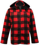 Men's hooded red and black buffalo plaid dinner jacket with zippered pockets