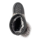 Child charcoal short snowy owl Manitobah Mukluk with beaded design and pom pom on the outside