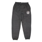A pair of dark grey sweatpants with a Lake of the Woods Clothing Company logo design printed on the top left front leg. These sweatpants are made in Canada and are fit for men and women