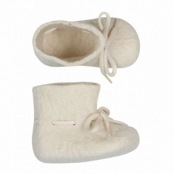 Newborn baby white coloured wool glerup slipper with lace to tie into a bow. 