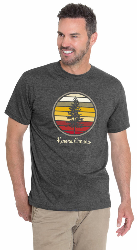 This black coloured tee is perfect for a day on the lake or a stroll through town. The design captures the essence of Kenora's sunsets and the beauty of Lake of the Woods