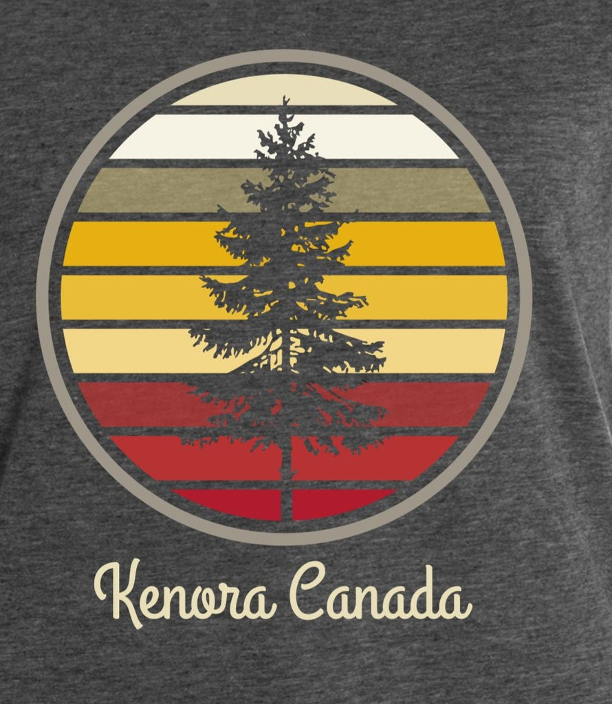 This heathered black tee is perfect for a day on the lake or a stroll through town. The design captures the essence of Kenora's sunsets and the beauty of Lake of the Woods. 