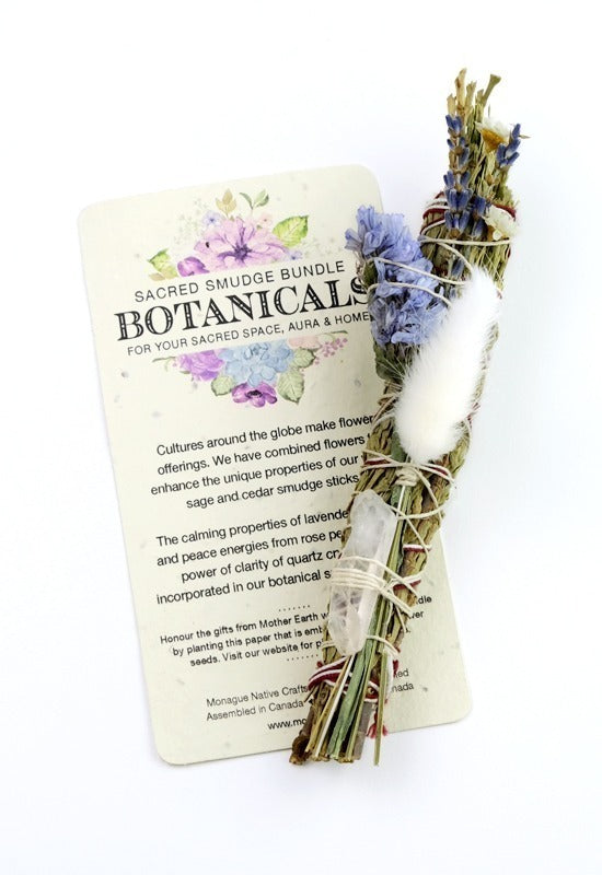  Botanical Natural Smudge Sage-Lavender and Quartz Crystal. Each bundle is accompanied with a plantable paper embedded with wildflower seeds, smudging directions and comes packed in a colored organza pouch. It is a natural, wildly grown herb, the California white sage and cedar bundle sizes will vary   Small Sage 3.5"- 5"  Large Sage 8"-9"  Cedar 4"- 6"