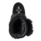 Child black short snowy owl Manitobah Mukluk with beaded design and pom pom on the outside