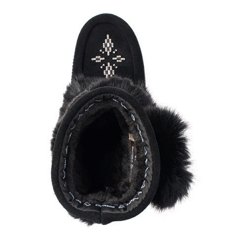 Child black short snowy owl Manitobah Mukluk with beaded design and pom pom on the outside