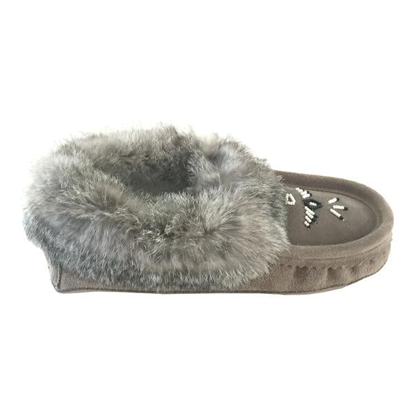 Ladies grey moccasin with beaded design and grey rabbit fir trim 