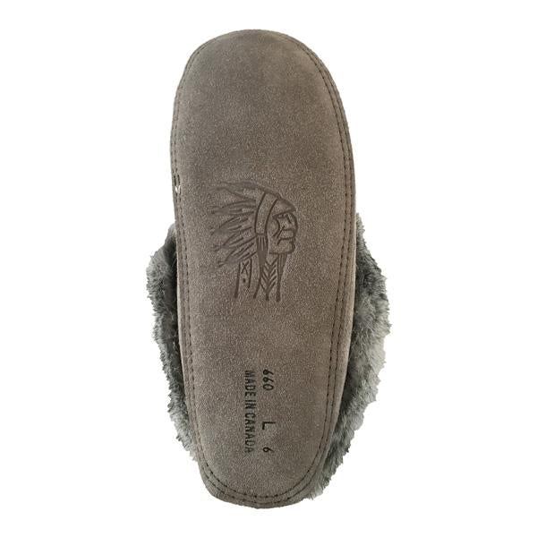 Ladies grey moccasin with beaded design and grey rabbit fir trim 