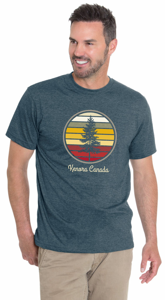 This ocean coloured tee is perfect for a day on the lake or a stroll through town. The design captures the essence of Kenora's sunsets and the beauty of Lake of the Woods