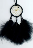 2" Black Dream Catcher. DREAM CATCHER LEGEND: It is said that both good dreams and bad dreams circulate in the night air. The web allows the good dreams to pass through the web to the sleeper and the bad dreams become entangled in the web, where they perish at the first light of dawn.