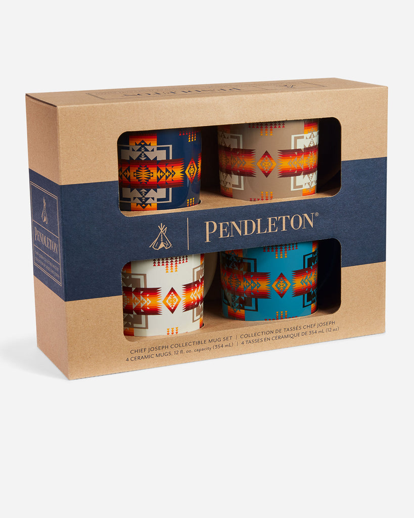 Pack of 4 14oz sturdy ceramic Pendleton mugs featuring their oldest and most popular designs.