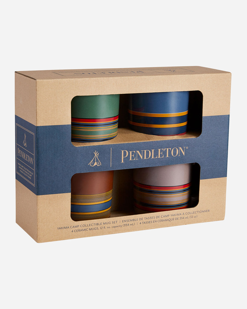 Pack of 4 14oz sturdy ceramic Pendleton mugs featuring their oldest and most popular designs.