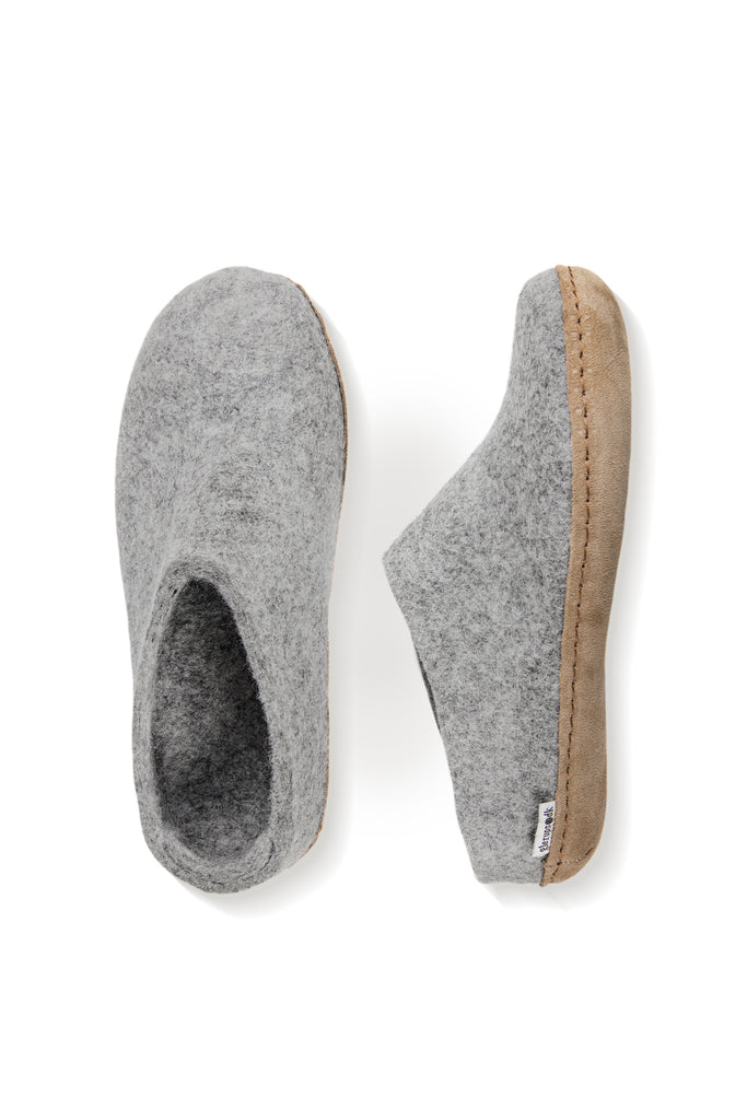 Grey coloured wool glerup slip on slipper with leather bottom