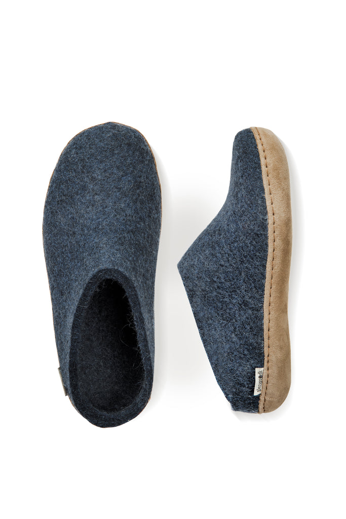 Denim coloured wool glerup slip on slipper with leather bottom