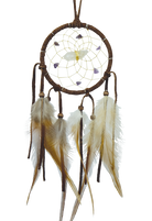2" Tan Vision Seeker Dream Catchers are detailed with a quartz crystal in the middle of the web and adorned with semi-precious stones. The quartz crystal assists in removing negative thoughts while the semi-precious stones enhance spiritual communications and guidance.