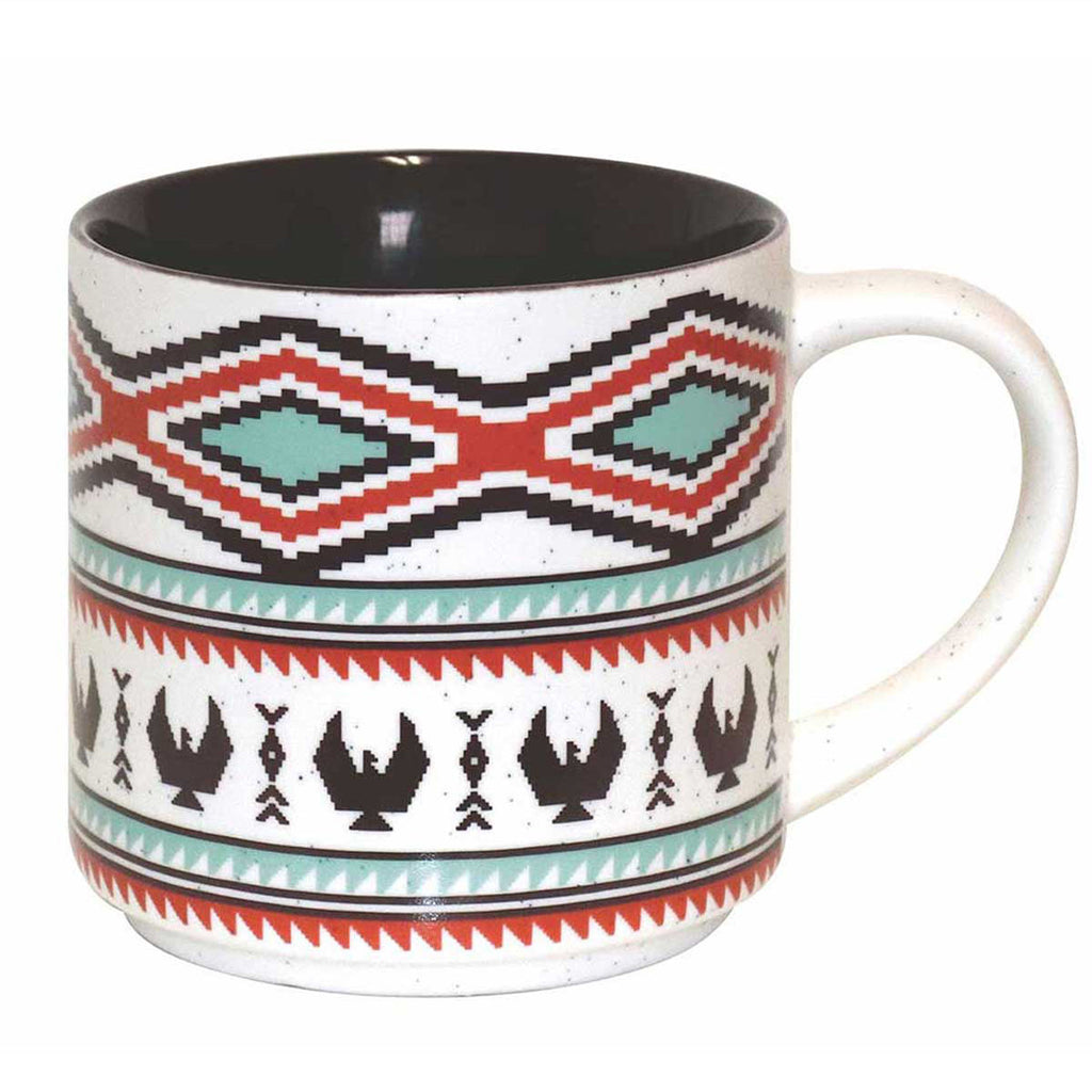 A ceramic coffee mug featuring an Indigenous design of eagles from the Bella Bella tribe