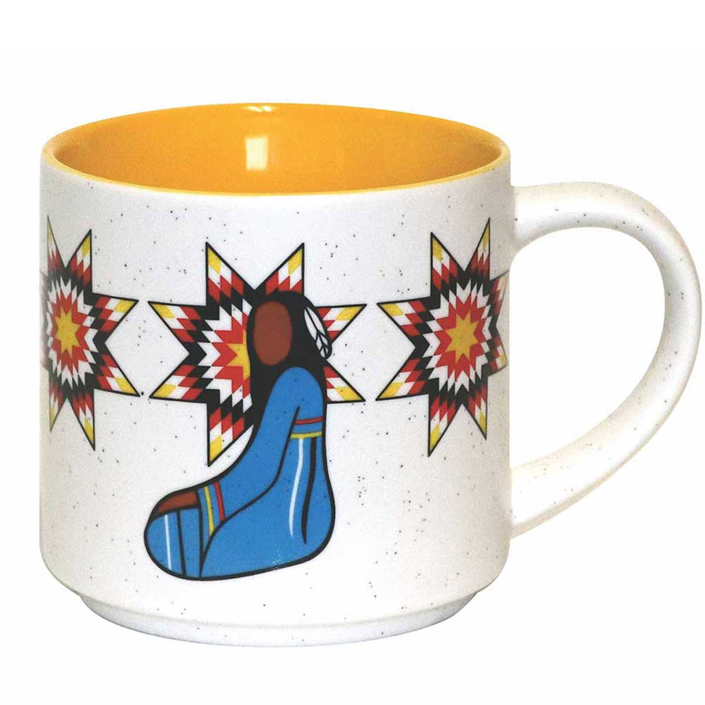 A ceramic coffee mug featuring an Indigenous design of eagles from the Bella Bella tribe