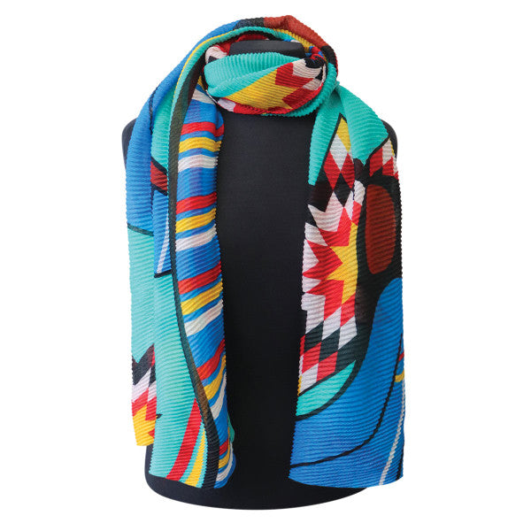 The eco scarf is soft, textured, and vibrantly coloured with an Indigenous design. The perfect way to showcase your style.