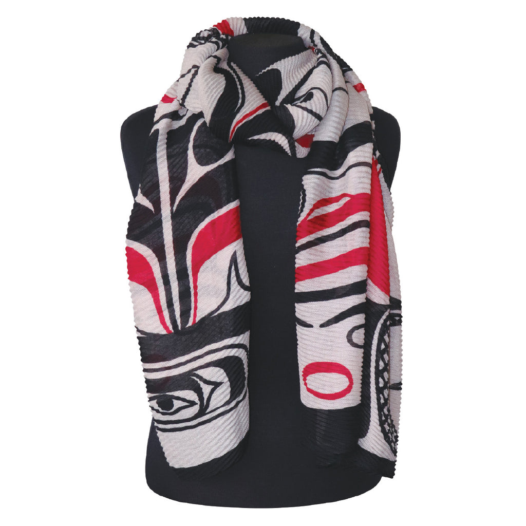 The eco scarf is soft, textured, and vibrantly coloured with an Indigenous design. The perfect way to showcase your style.