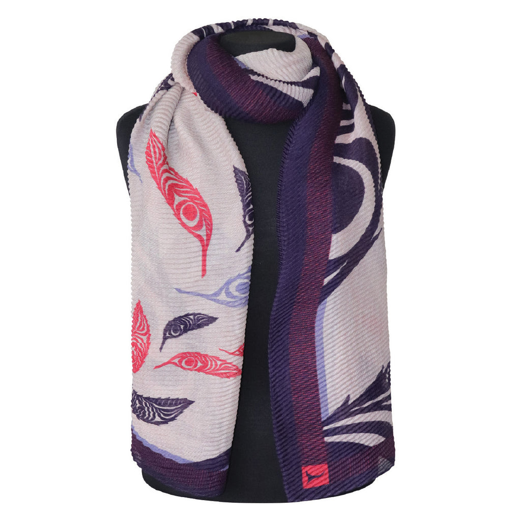 The eco scarf is soft, textured, and vibrantly coloured with an Indigenous design. The perfect way to showcase your style.