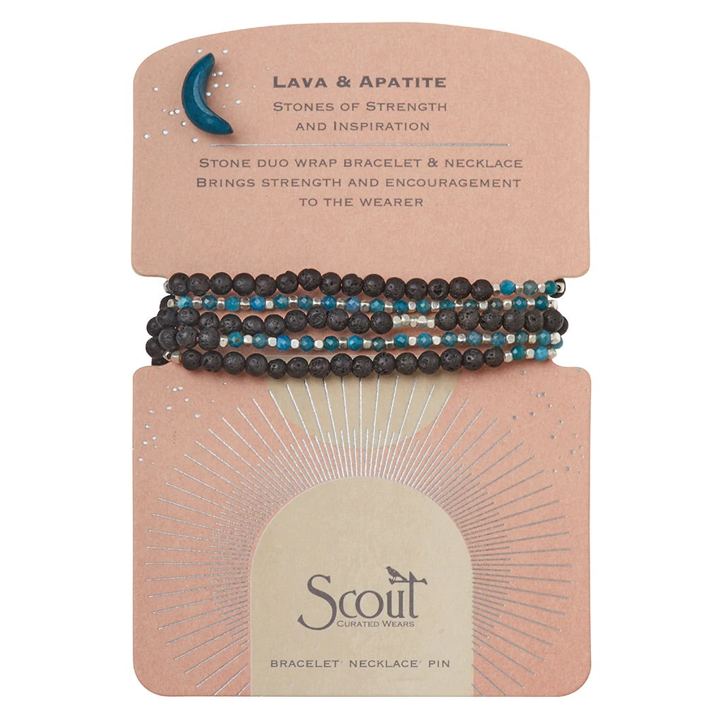 Scout jewelry featuring a double wrap bracelet or a necklace with beads