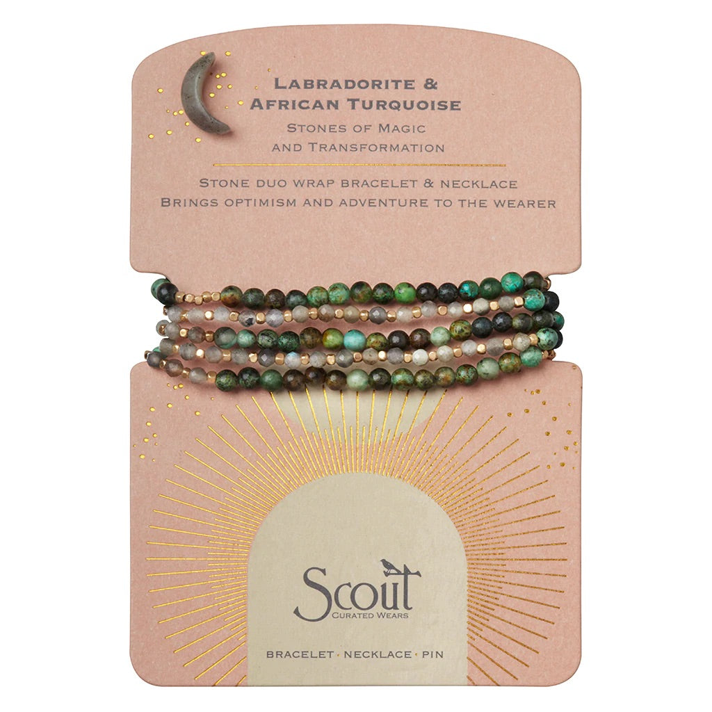 Scout jewelry featuring a double wrap bracelet or a necklace with beads