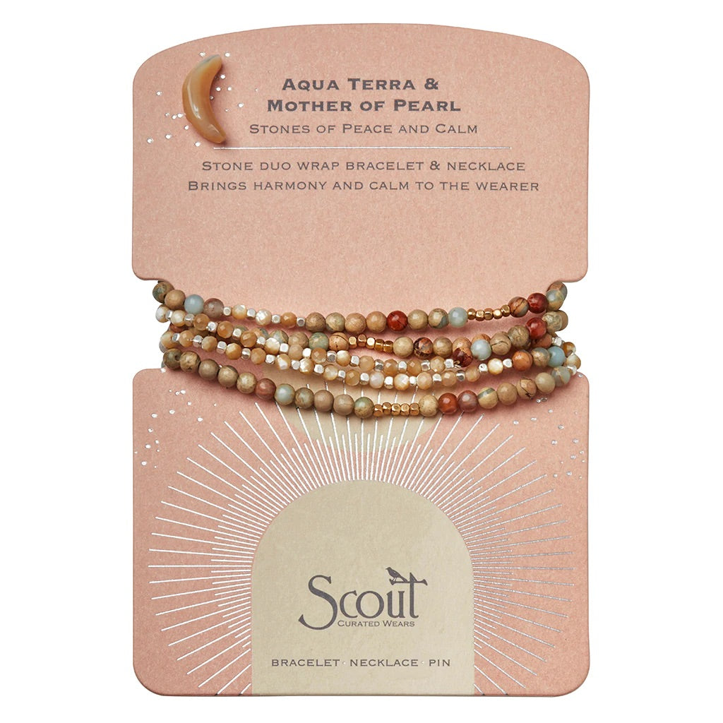 Scout jewelry featuring a double wrap bracelet or a necklace with beads