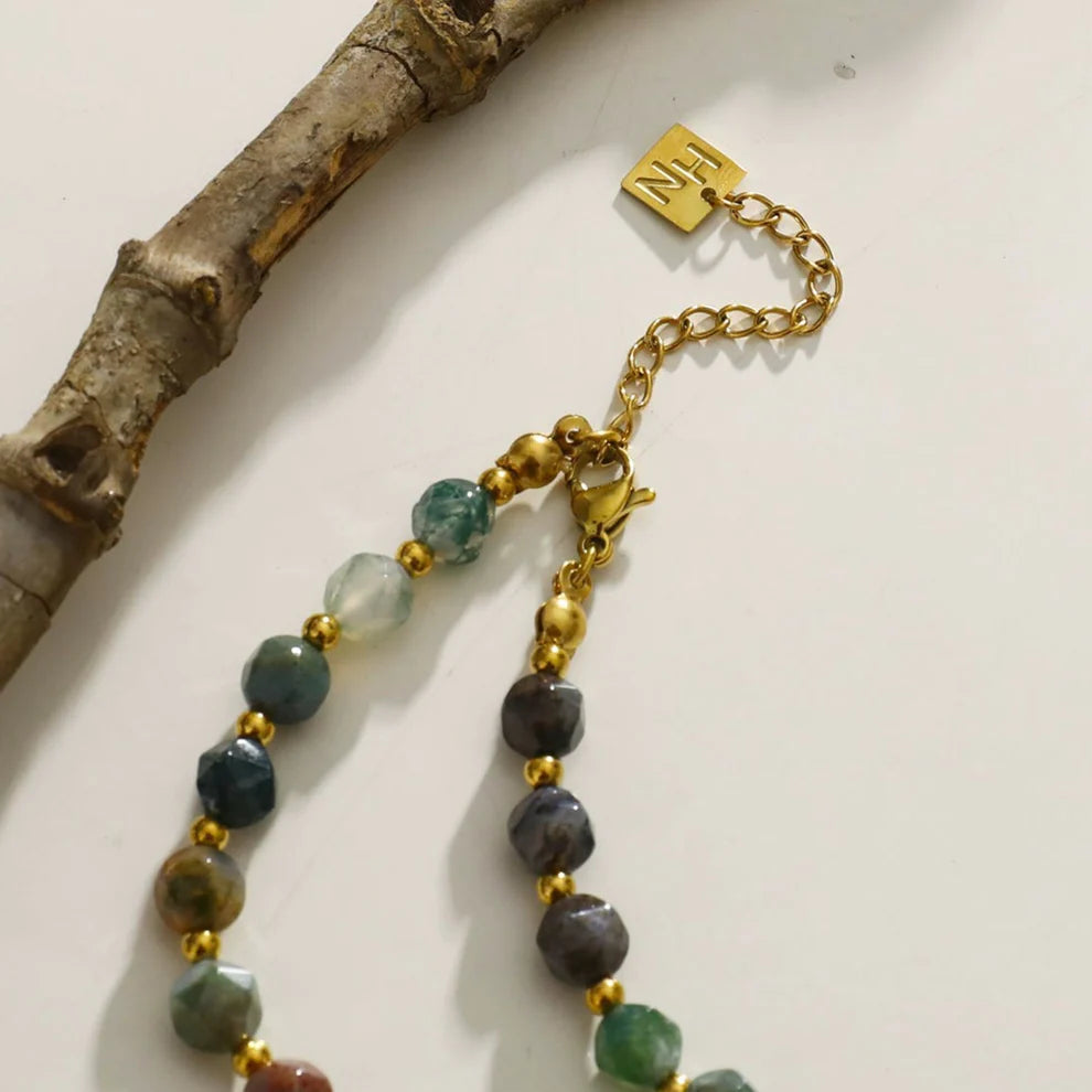 Hackney jewelry featuring agate stones and gold beaded chain necklace. 