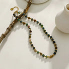 Hackney jewelry featuring agate stones and gold beaded chain necklace. 