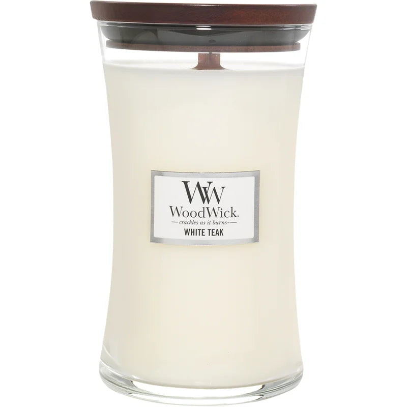 Woodwick scented candles allows you to enjoy the crackle of a fire from the comfort of your own home with your favourite scent of white teak.