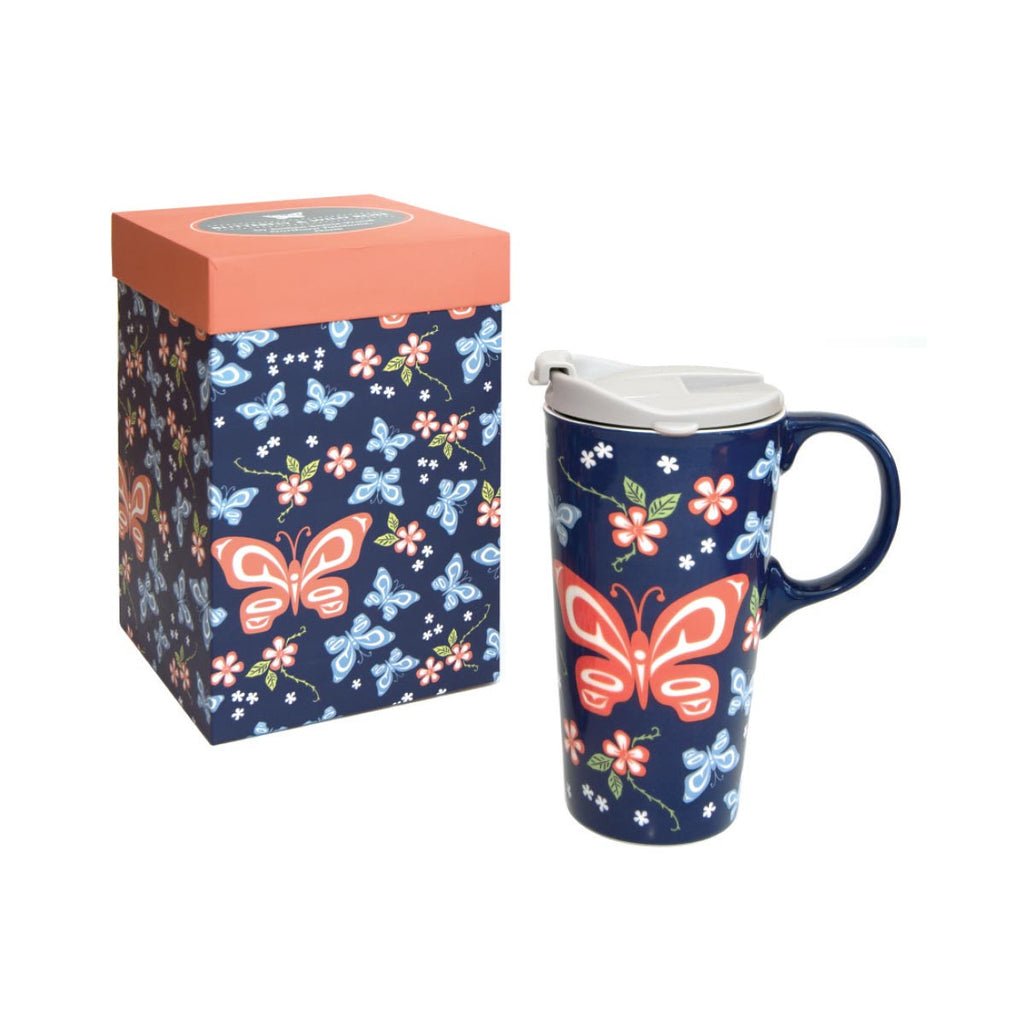 A tall, ceramic mug with lid and handle that is perfect for travel, home or gifting. Featuring Indigenous artwork with a matching gift box. 