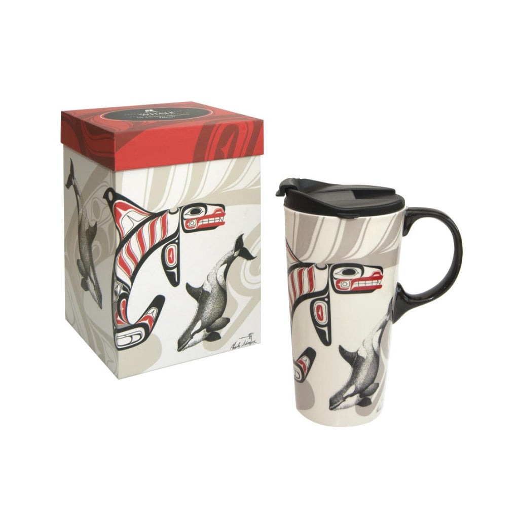 A tall, ceramic mug with lid and handle that is perfect for travel, home or gifting. Featuring Indigenous artwork with a matching gift box. 