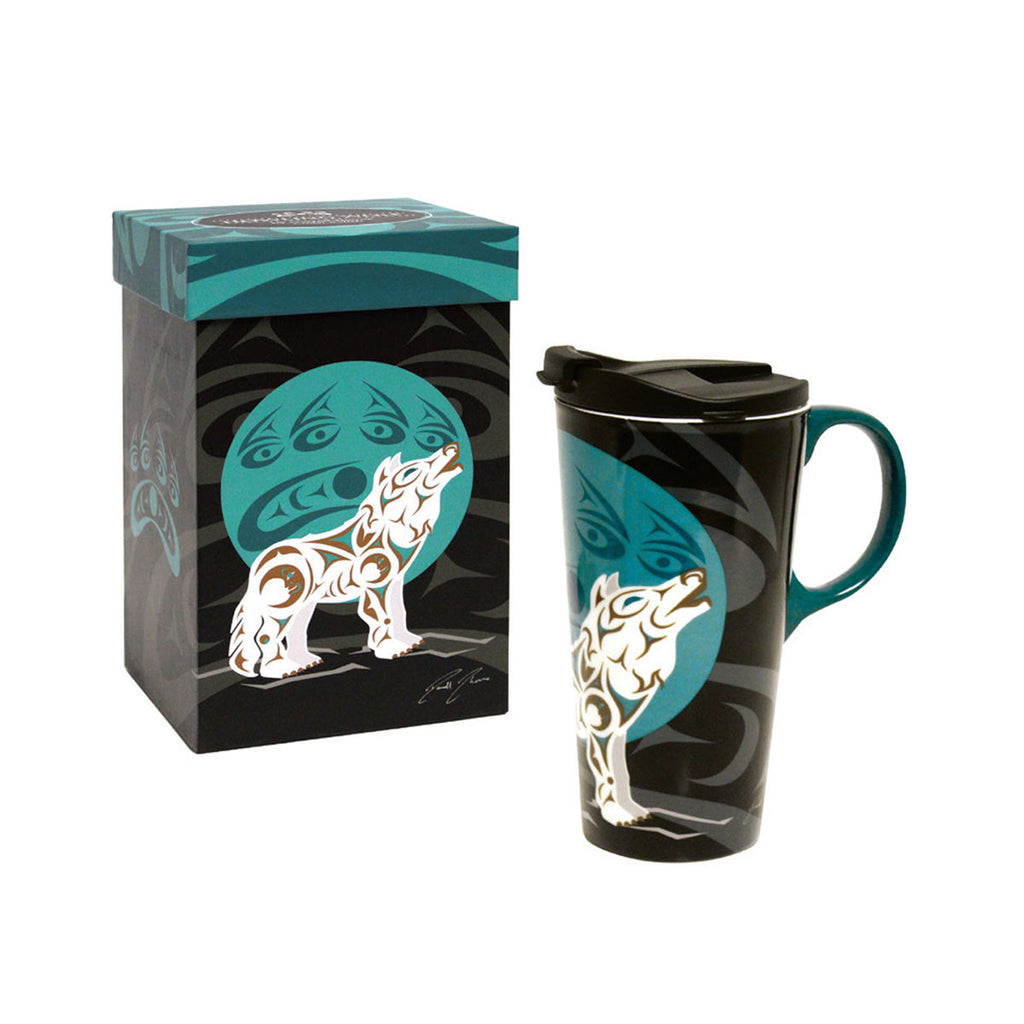 A tall, ceramic mug with lid and handle that is perfect for travel, home or gifting. Featuring Indigenous artwork with a matching gift box. 