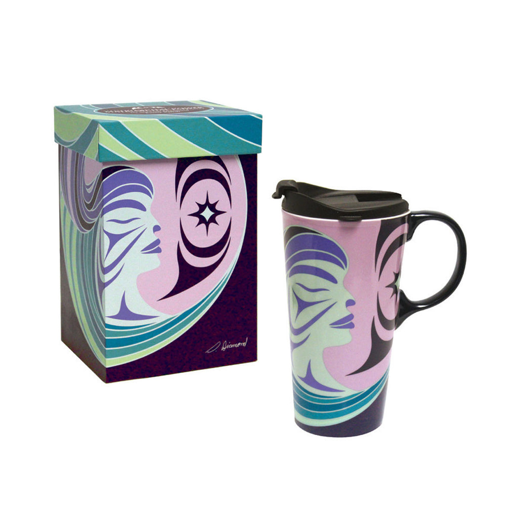 A tall, ceramic mug with lid and handle that is perfect for travel, home or gifting. Featuring Indigenous artwork with a matching gift box. 