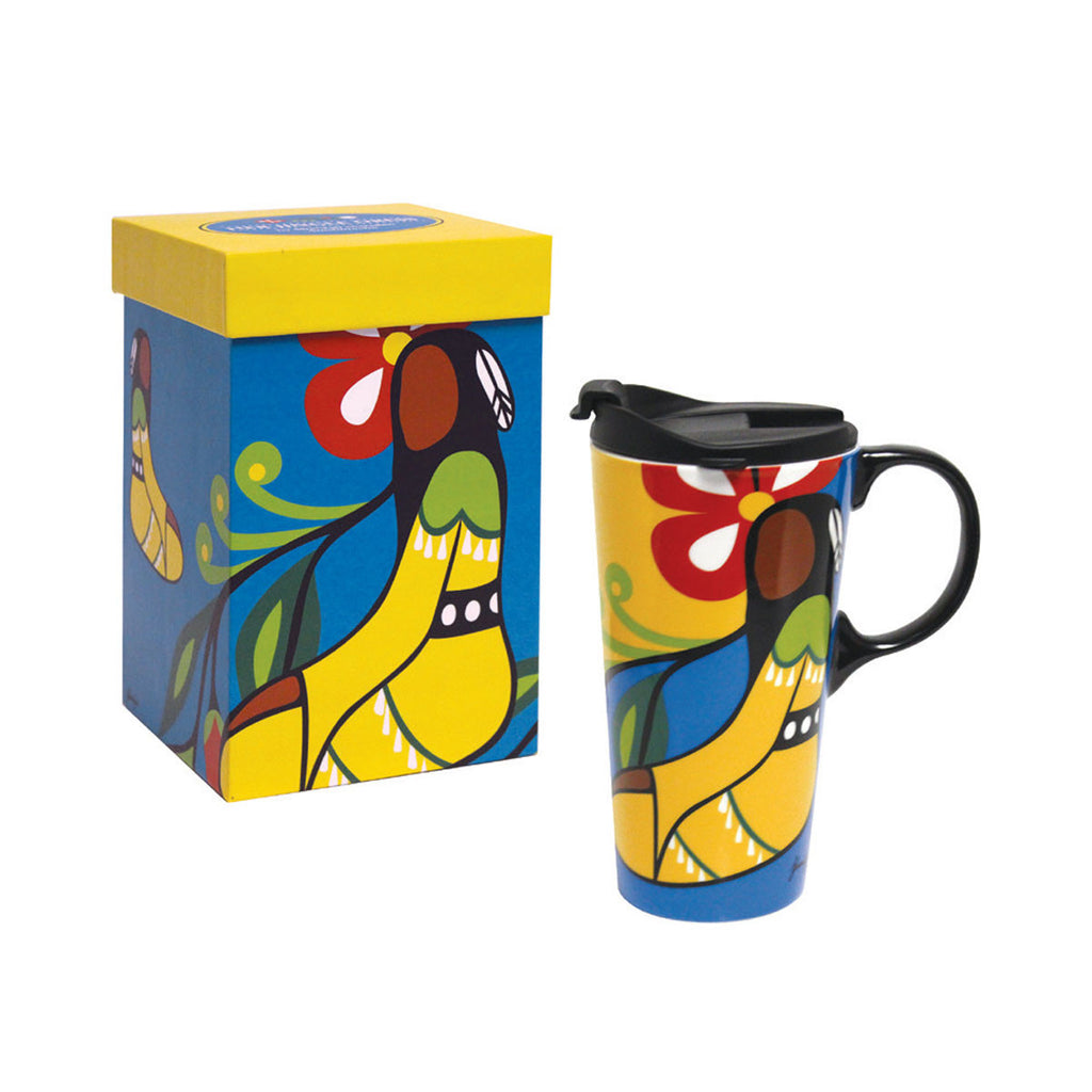 A tall, ceramic mug with lid and handle that is perfect for travel, home or gifting. Featuring Indigenous artwork with a matching gift box. 