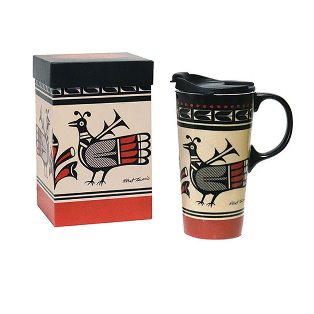 A red, beige and black ceramic travel mug with a matching art box featuring an artist's rendition of kewa birds.