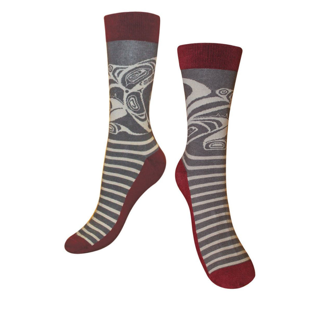 Looking to spice up your business look?  These are socks from Native Northwest might just be the thing.  These socks feature designs by indigenous artists.  The socks are soft-combed and elasticized with knit depictions.  Product Info:  s/m fits ladies size 6-10/mens size 4-8  m/l fits ladies size 10-13/mens size 8-12.5