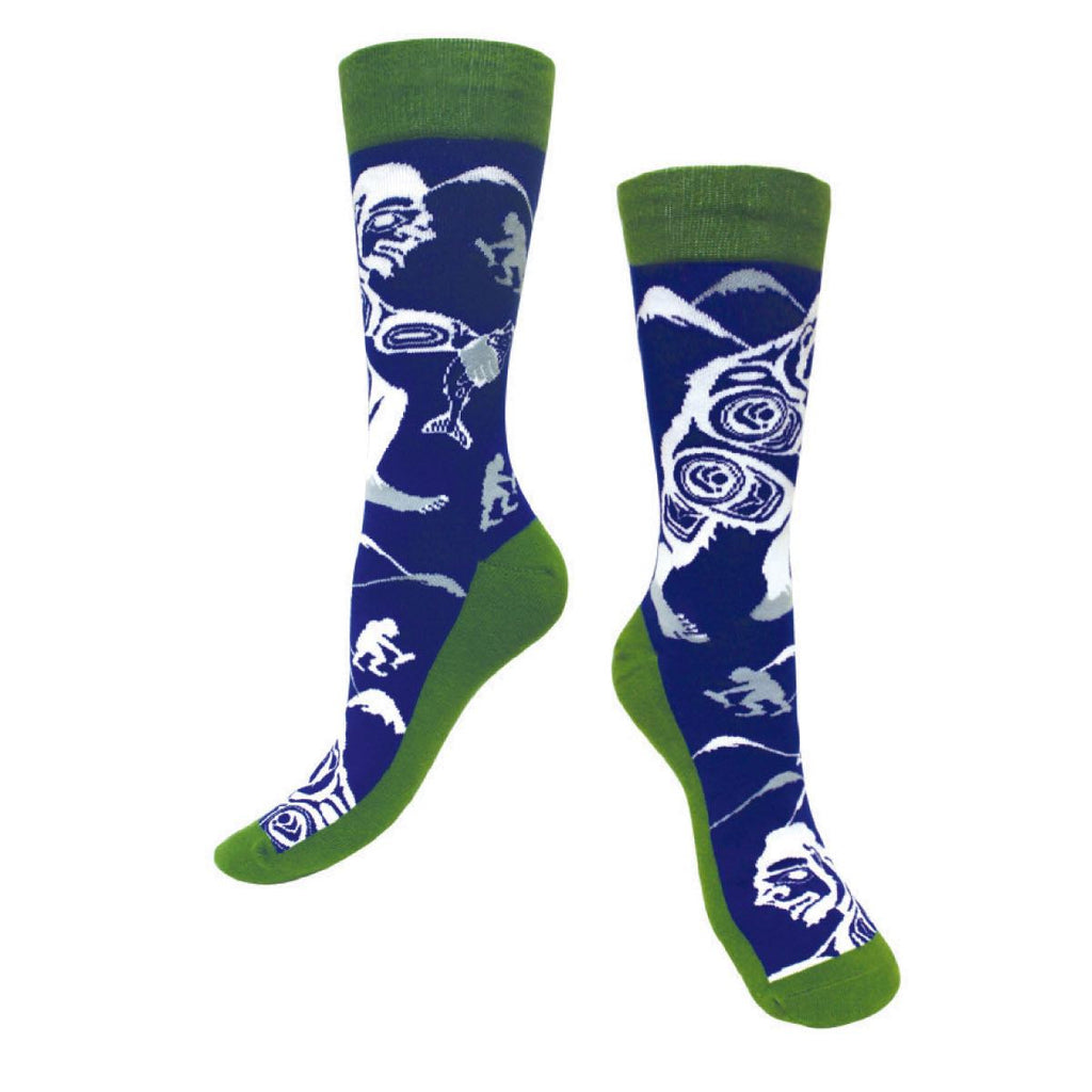 Looking to spice up your business look?  These are socks from Native Northwest might just be the thing.  These socks feature designs by indigenous artists.  The socks are soft-combed and elasticized with knit depictions.  Product Info:  s/m fits ladies size 6-10/mens size 4-8  m/l fits ladies size 10-13/mens size 8-12.5