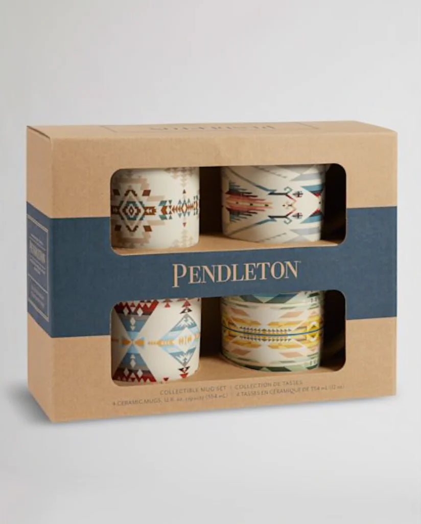 Pack of 4 14oz sturdy ceramic Pendleton mugs featuring their oldest and most popular designs.