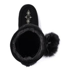 Ladies black short snowy owl Manitobah Mukluk with beaded design and pom pom on the outside