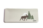 Stoneware clay serving plate with painted moose motif.  Handmade in Outlook, Saskatchewan by Susan Robertson Pottery.  Use decoratively or as a serving plate for small dishes or appetizers.  Food, Microwave and Dishwasher safe.  Dimensions: Approximately 11” x 4” 