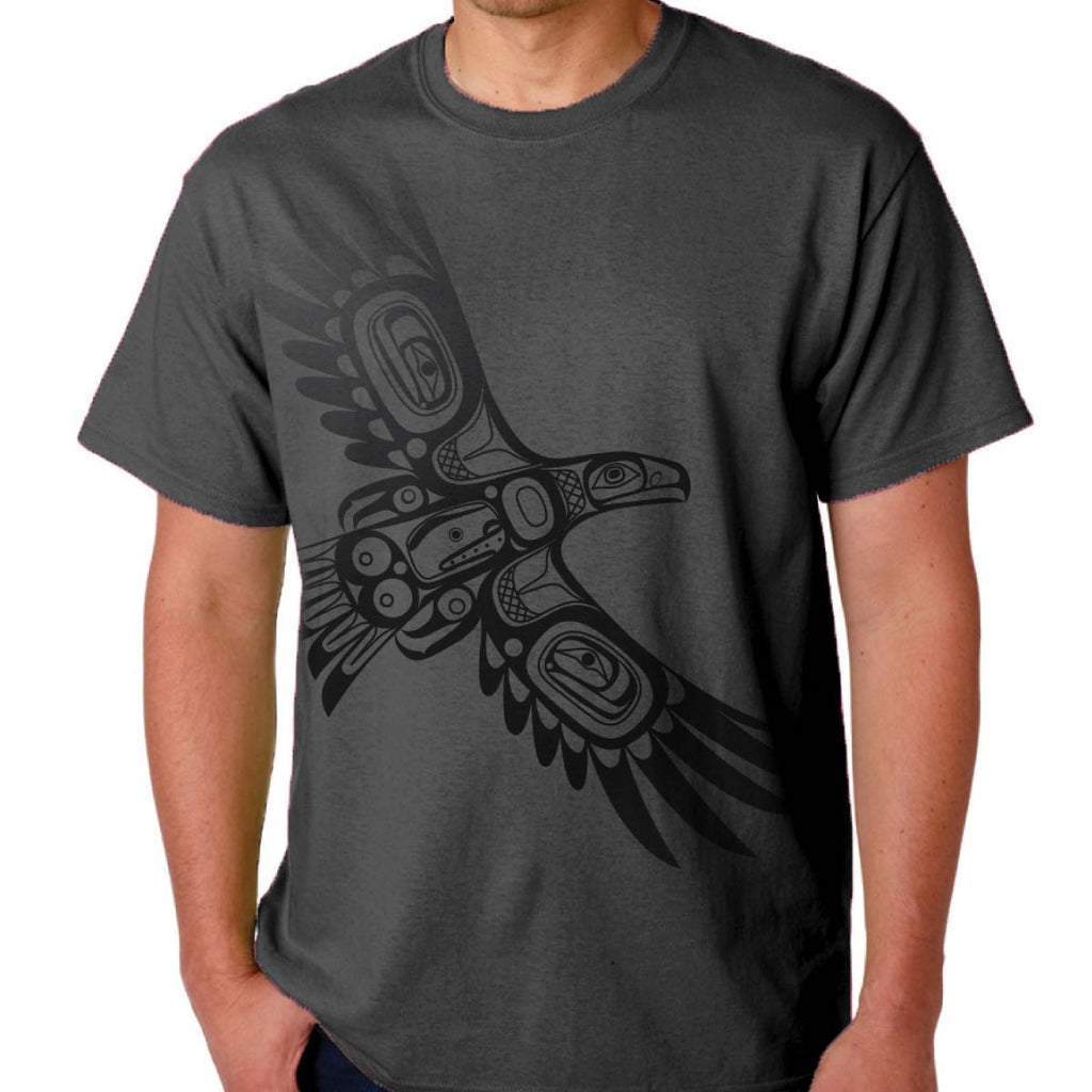 A grey unisex T-shirt featuring a Haida motif of an eagle with outstretched wings.